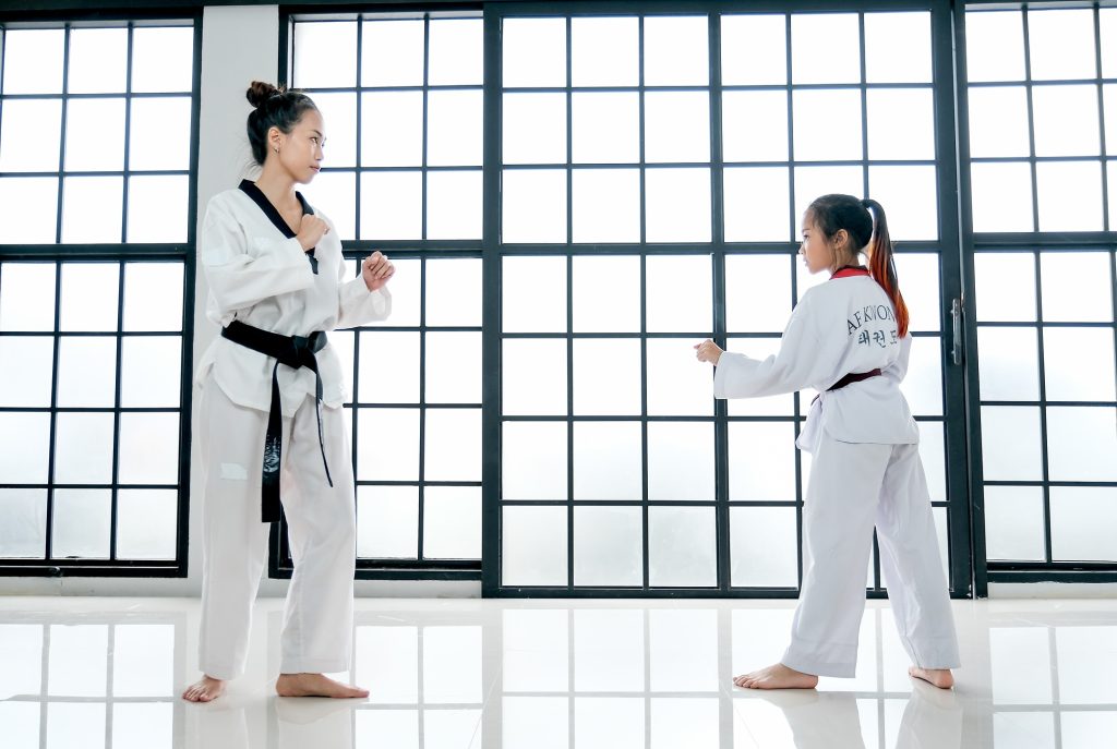Taekwondo teacher and student show action of different postures in the room with glass windows.
