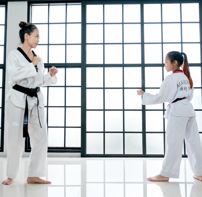 Taekwondo teacher and student show action of different postures in the room with glass windows.
